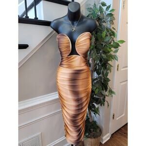Blanc Midi Dress Womens Medium Brown Beige Wired Mesh Ruched Cutout U-Bar Casual